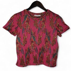 Zara Trafaluc Metallic Floral Accent Top Women’s Stretchy Ribbed Crew Neck S